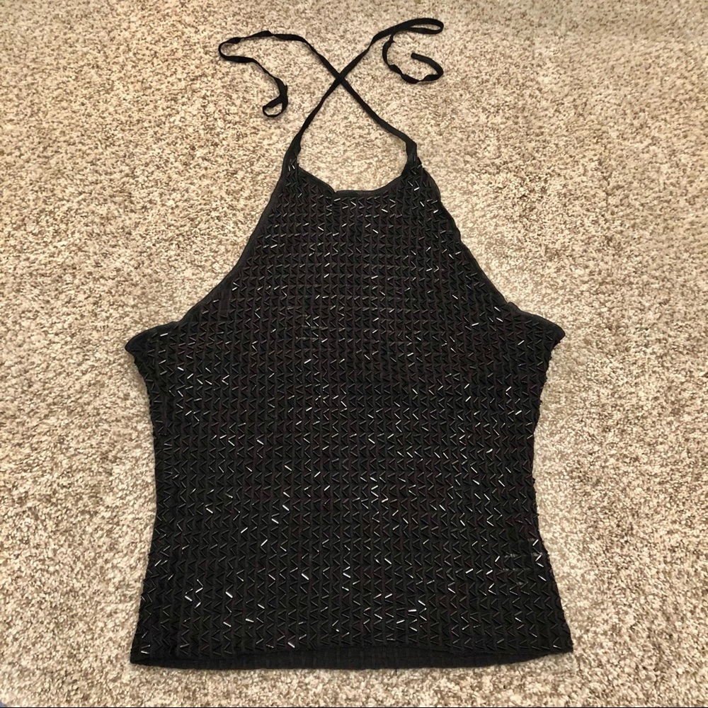 VTG Beaded Halter Black slinky crop top 90s y2k